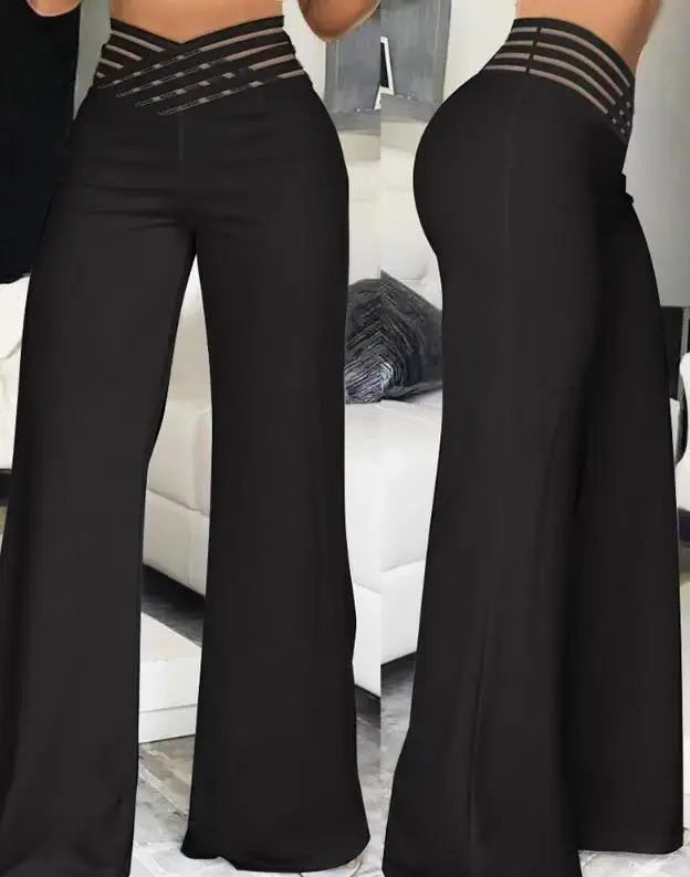 Women's High Waist Wide Leg Pants, Elegant Chain Decor, Black Trousers, Casual Clothes, White, Summer