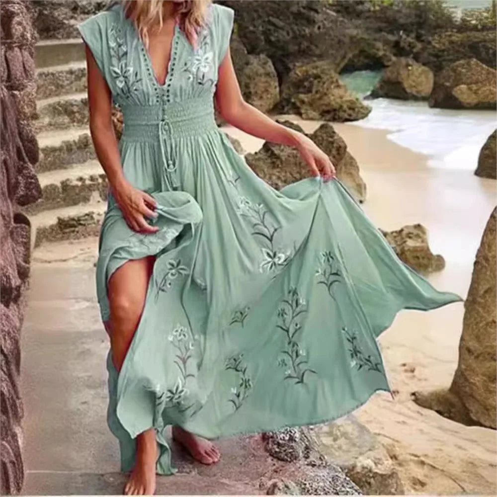 Women's Sexy Summer Print Beach Holiday Long Dresses Fashion Deep V Neck High Waist Lace Up Slim Elegant Female Bohemian Dress