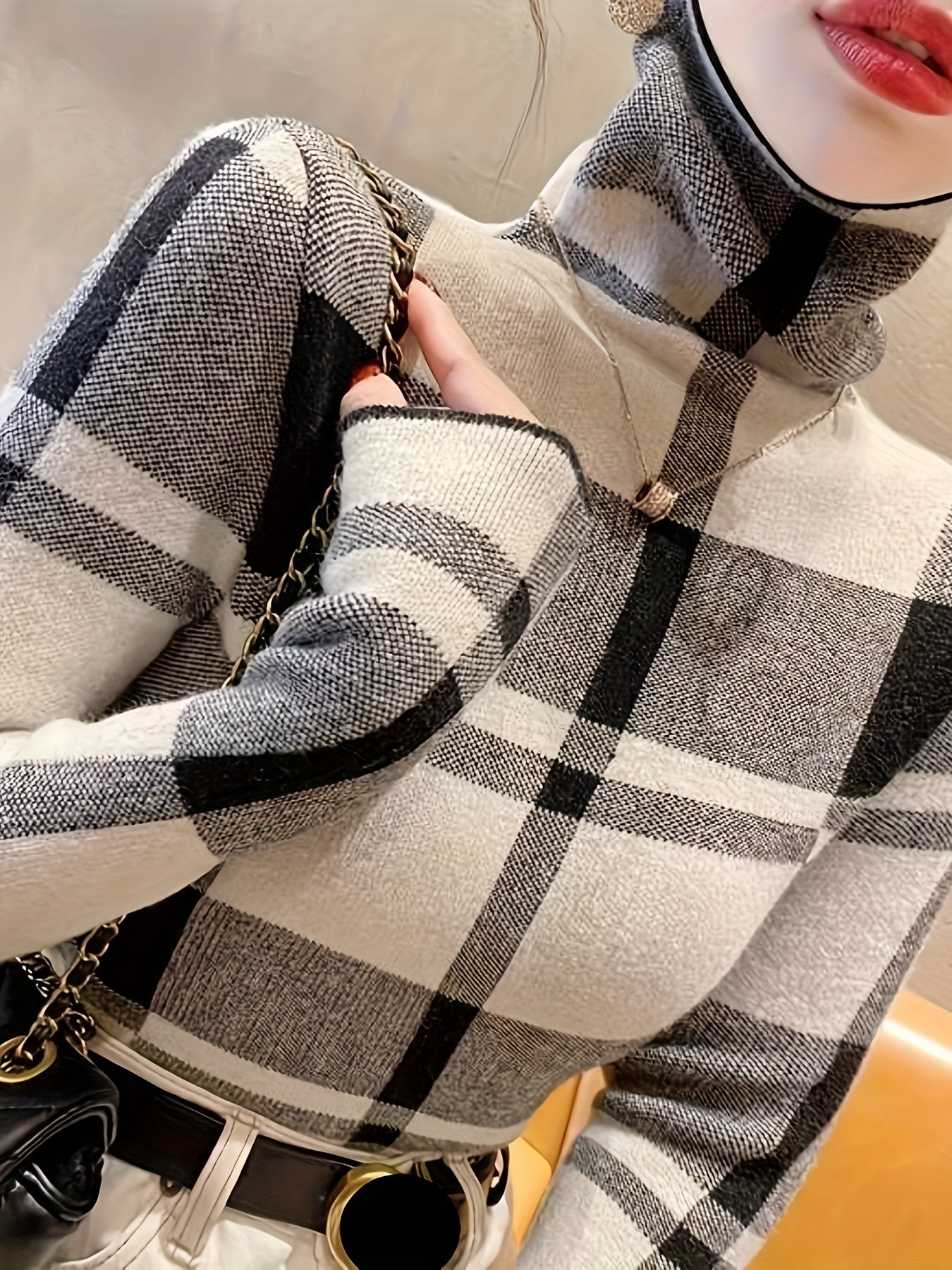 [Popular Choice] Elegant Blue and Black Plaid Turtleneck Sweater for Women - Soft Knit Pullover with Stretch, Machine Washable, Ideal for Fall/Winter, Plus Size Sweaters, Grid Pattern