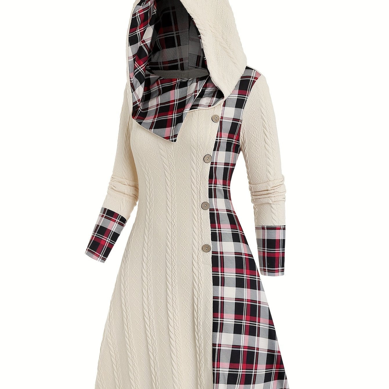 Plaid Print Splicing Hooded Dress, Casual Long Sleeve A Line Dress, Women's Clothing