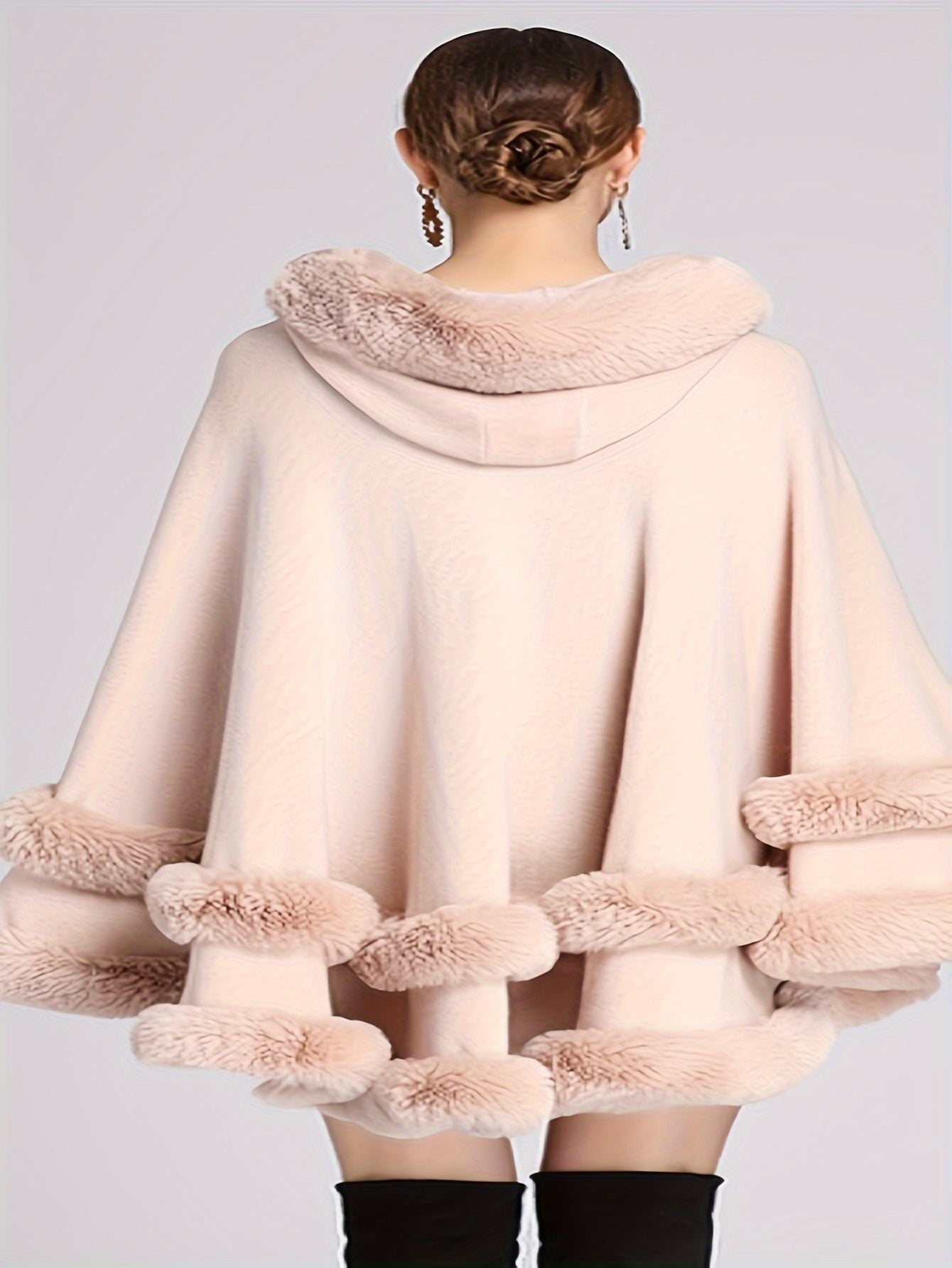 Chic Faux Fur Hooded Shawl Cape - Cozy Knit Cardigan for Women, Perfect for Fall/Winter