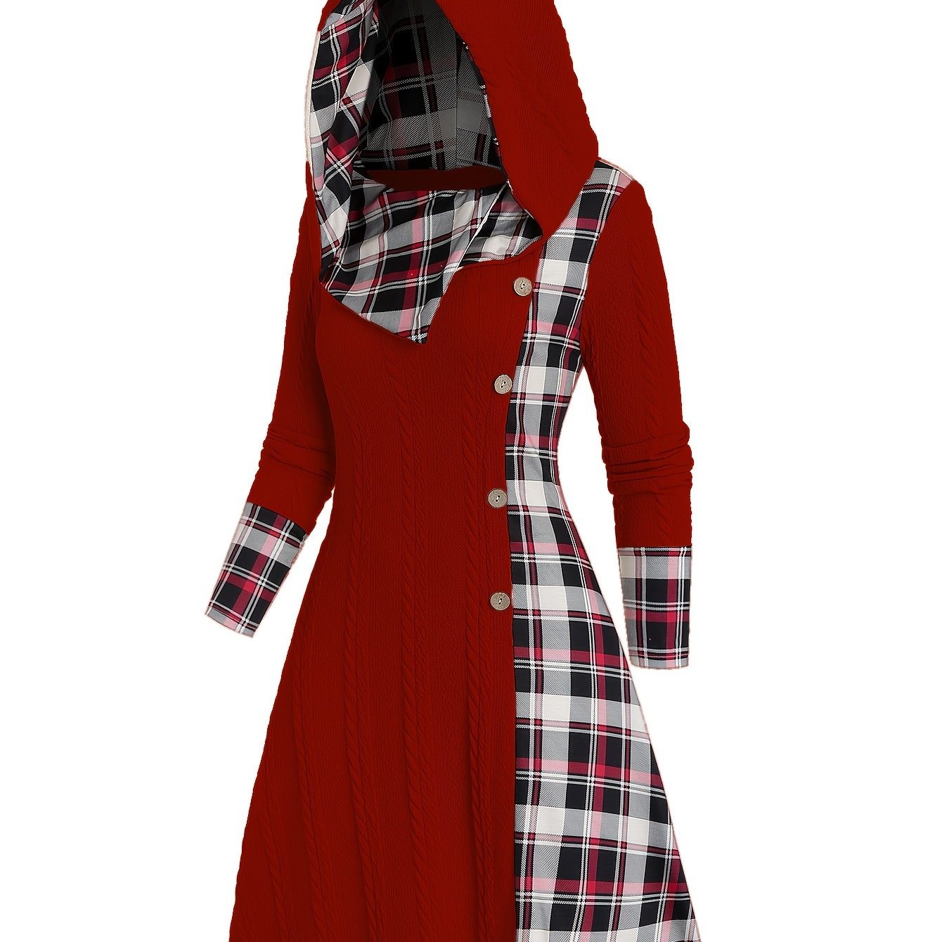 Plaid Print Splicing Hooded Dress, Casual Long Sleeve A Line Dress, Women's Clothing