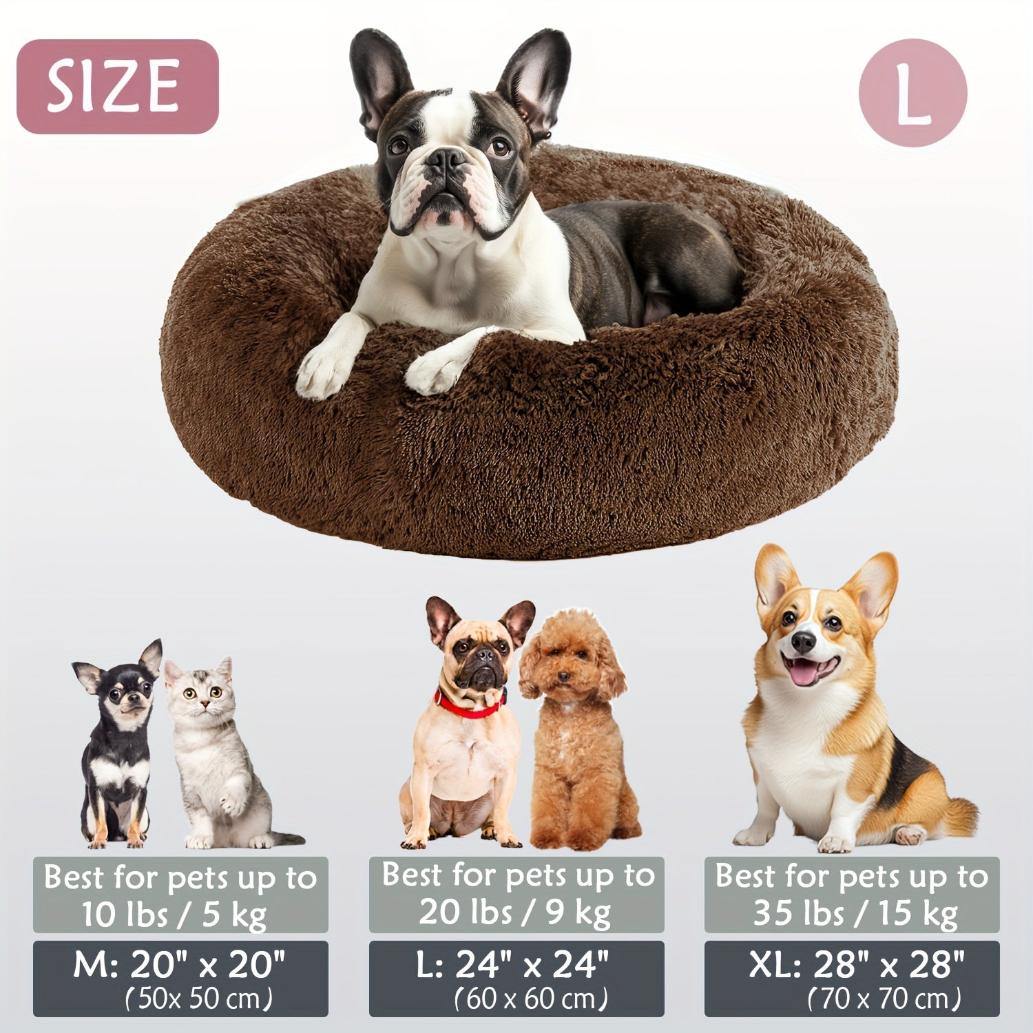 Calming Dog & Cat Bed, Donut Cuddler Warming Cozy Soft Round Bed, Fluffy Faux Fur Plush Cushion Bed For Small Medium And Large Dogs And Cats (40.64cm/50.8cm/60.96cm/71.12cm/78.74cm/99.06cm)