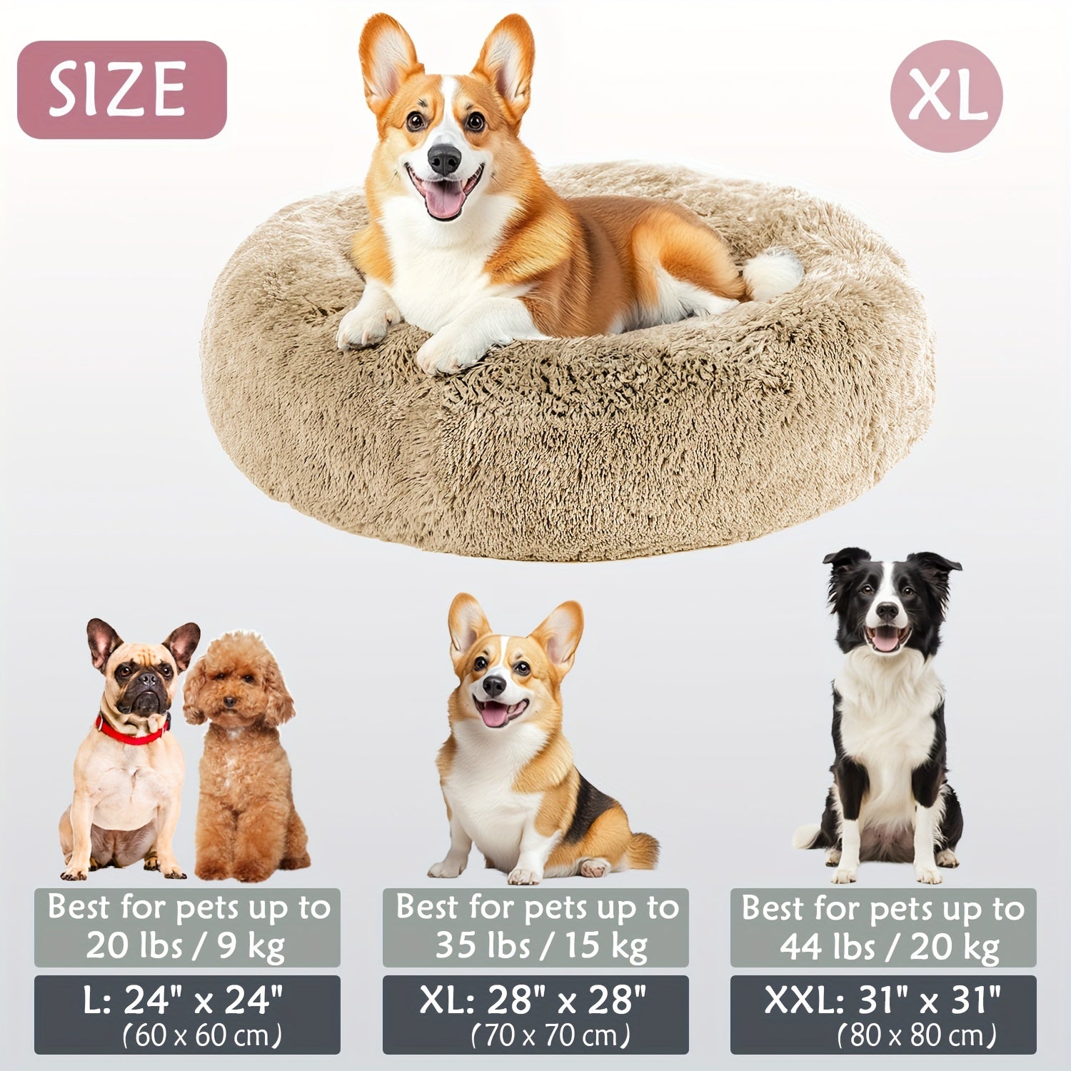 Calming Dog & Cat Bed, Donut Cuddler Warming Cozy Soft Round Bed, Fluffy Faux Fur Plush Cushion Bed For Small Medium And Large Dogs And Cats (40.64cm/50.8cm/60.96cm/71.12cm/78.74cm/99.06cm)