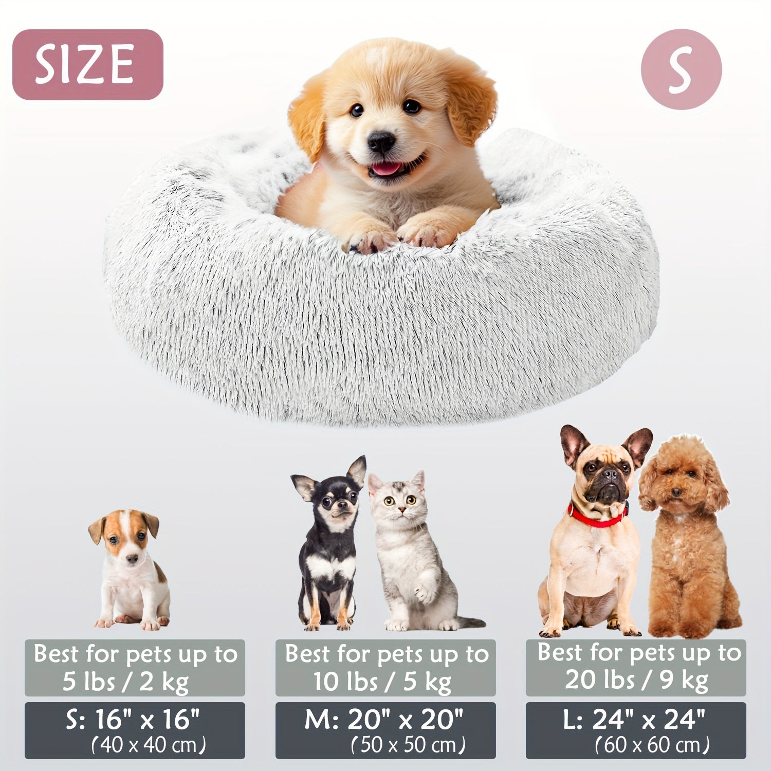 Calming Dog & Cat Bed, Donut Cuddler Warming Cozy Soft Round Bed, Fluffy Faux Fur Plush Cushion Bed For Small Medium And Large Dogs And Cats (40.64cm/50.8cm/60.96cm/71.12cm/78.74cm/99.06cm)