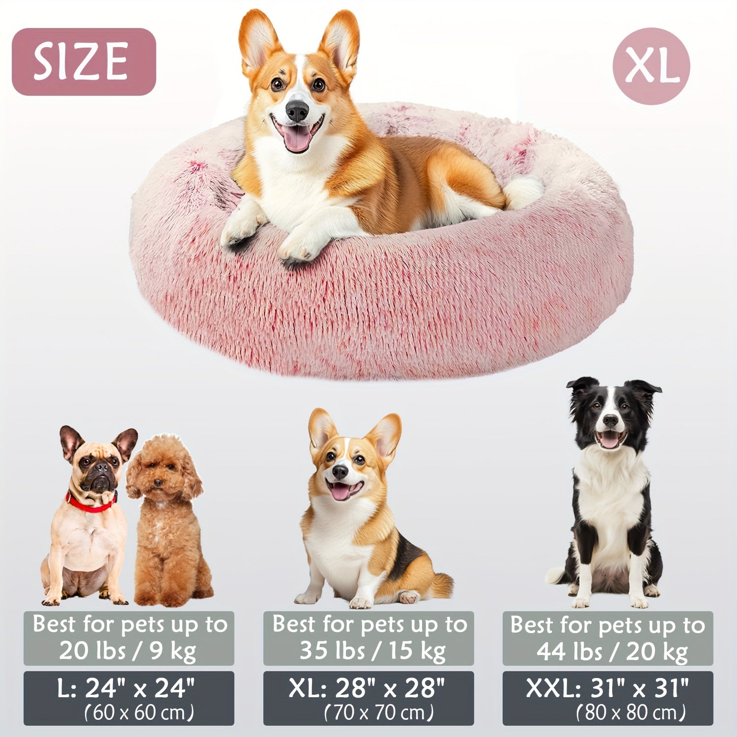 Calming Dog & Cat Bed, Donut Cuddler Warming Cozy Soft Round Bed, Fluffy Faux Fur Plush Cushion Bed For Small Medium And Large Dogs And Cats (40.64cm/50.8cm/60.96cm/71.12cm/78.74cm/99.06cm)