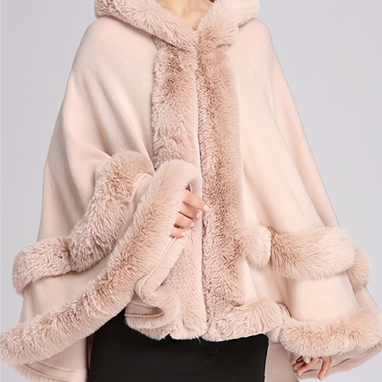 Chic Faux Fur Hooded Shawl Cape - Cozy Knit Cardigan for Women, Perfect for Fall/Winter