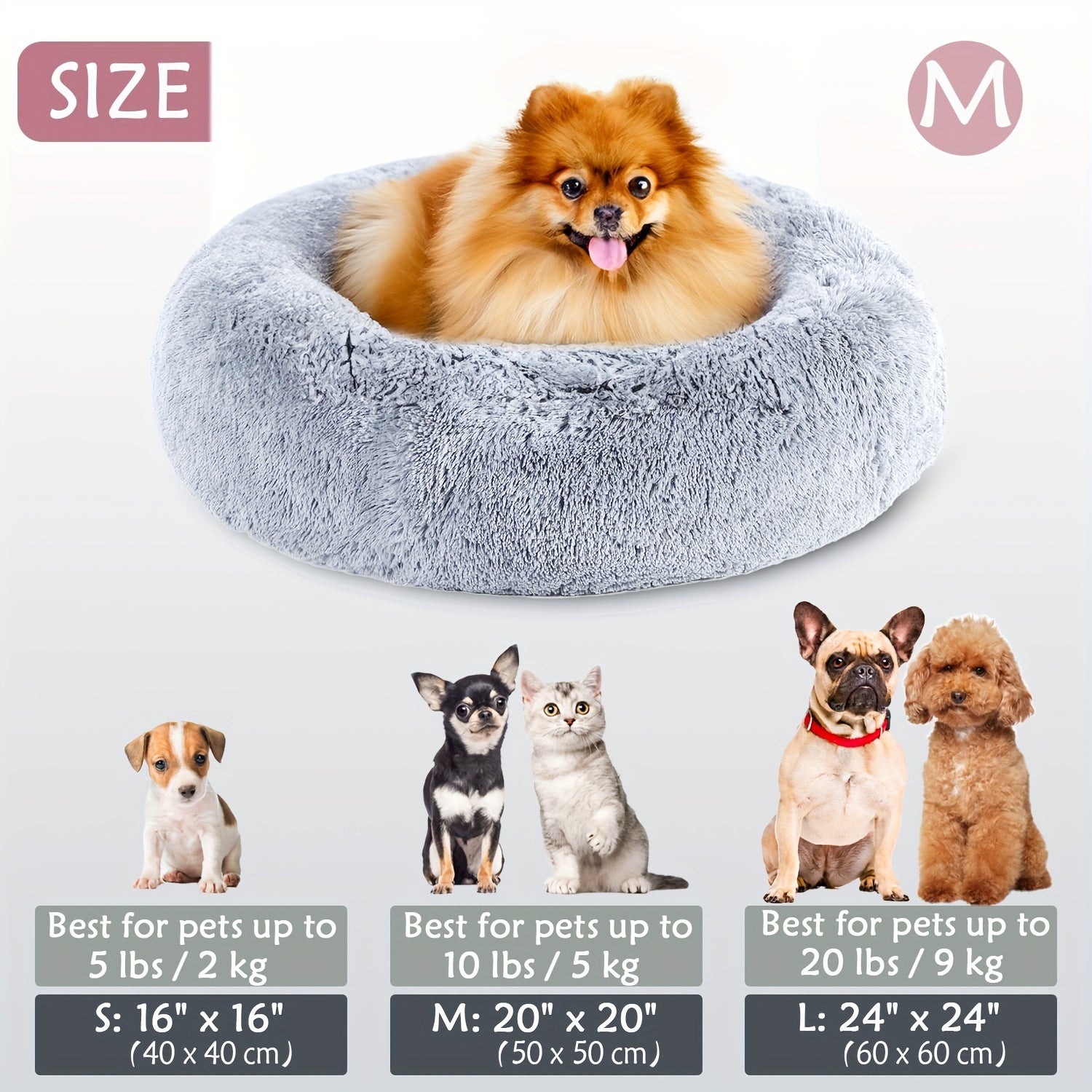 Calming Dog & Cat Bed, Donut Cuddler Warming Cozy Soft Round Bed, Fluffy Faux Fur Plush Cushion Bed For Small Medium And Large Dogs And Cats (40.64cm/50.8cm/60.96cm/71.12cm/78.74cm/99.06cm)