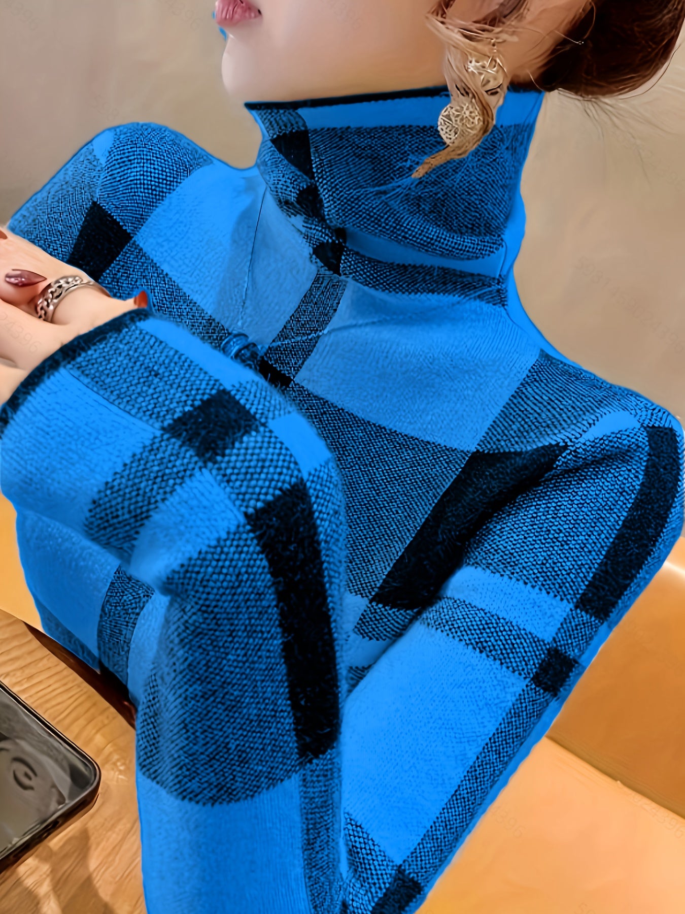 [Popular Choice] Elegant Blue and Black Plaid Turtleneck Sweater for Women - Soft Knit Pullover with Stretch, Machine Washable, Ideal for Fall/Winter, Plus Size Sweaters, Grid Pattern