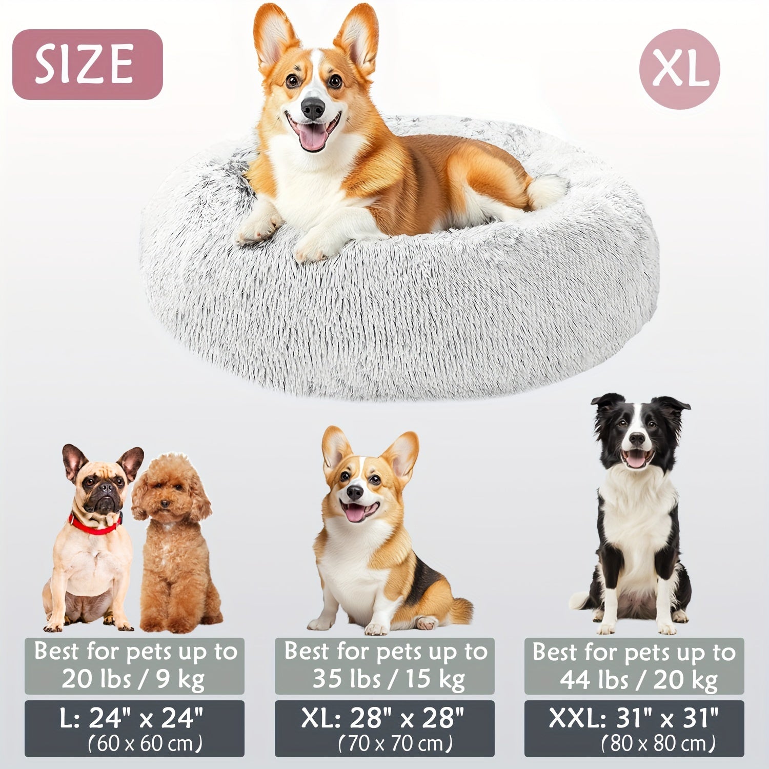 Calming Dog & Cat Bed, Donut Cuddler Warming Cozy Soft Round Bed, Fluffy Faux Fur Plush Cushion Bed For Small Medium And Large Dogs And Cats (40.64cm/50.8cm/60.96cm/71.12cm/78.74cm/99.06cm)