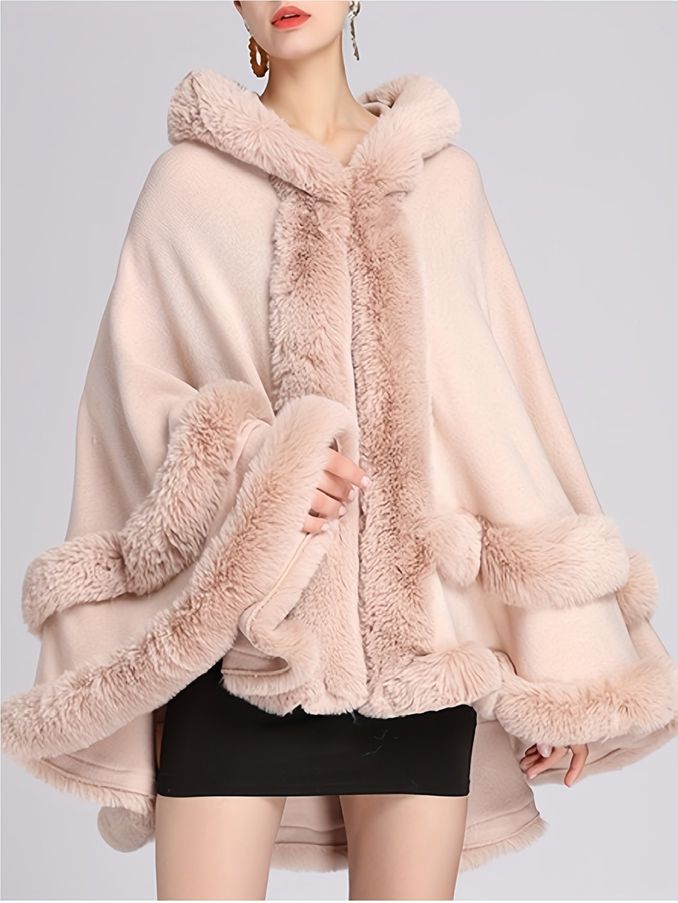 Chic Faux Fur Hooded Shawl Cape - Cozy Knit Cardigan for Women, Perfect for Fall/Winter