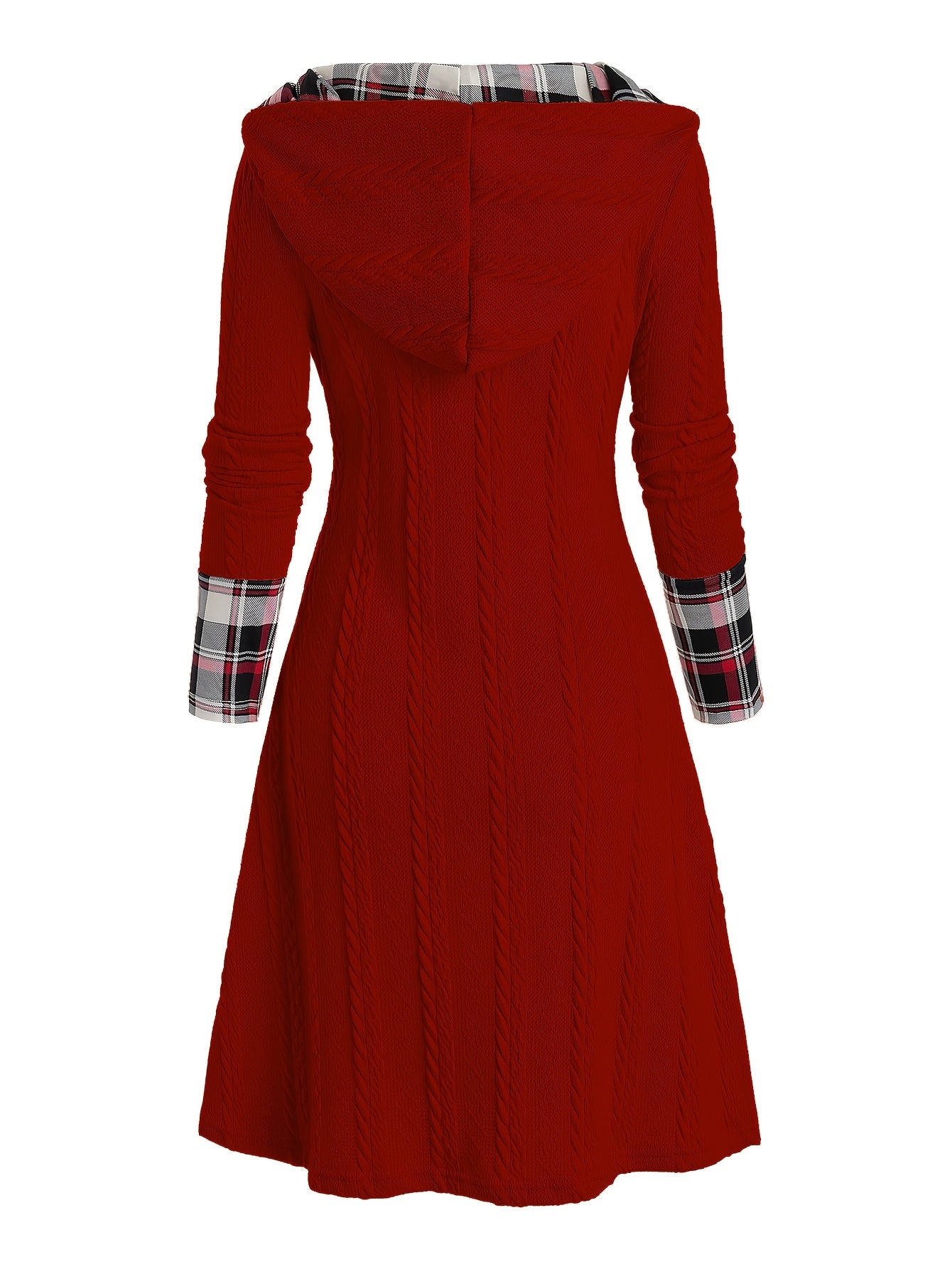 Plaid Print Splicing Hooded Dress, Casual Long Sleeve A Line Dress, Women's Clothing