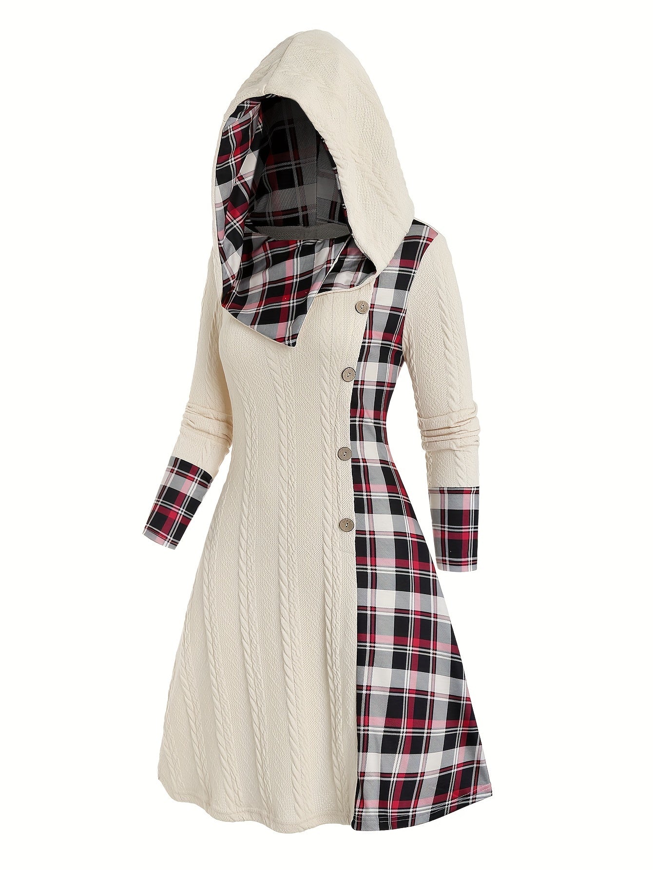 Plaid Print Splicing Hooded Dress, Casual Long Sleeve A Line Dress, Women's Clothing