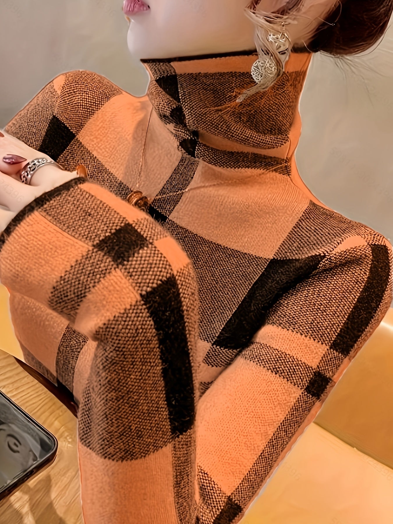 [Popular Choice] Elegant Blue and Black Plaid Turtleneck Sweater for Women - Soft Knit Pullover with Stretch, Machine Washable, Ideal for Fall/Winter, Plus Size Sweaters, Grid Pattern