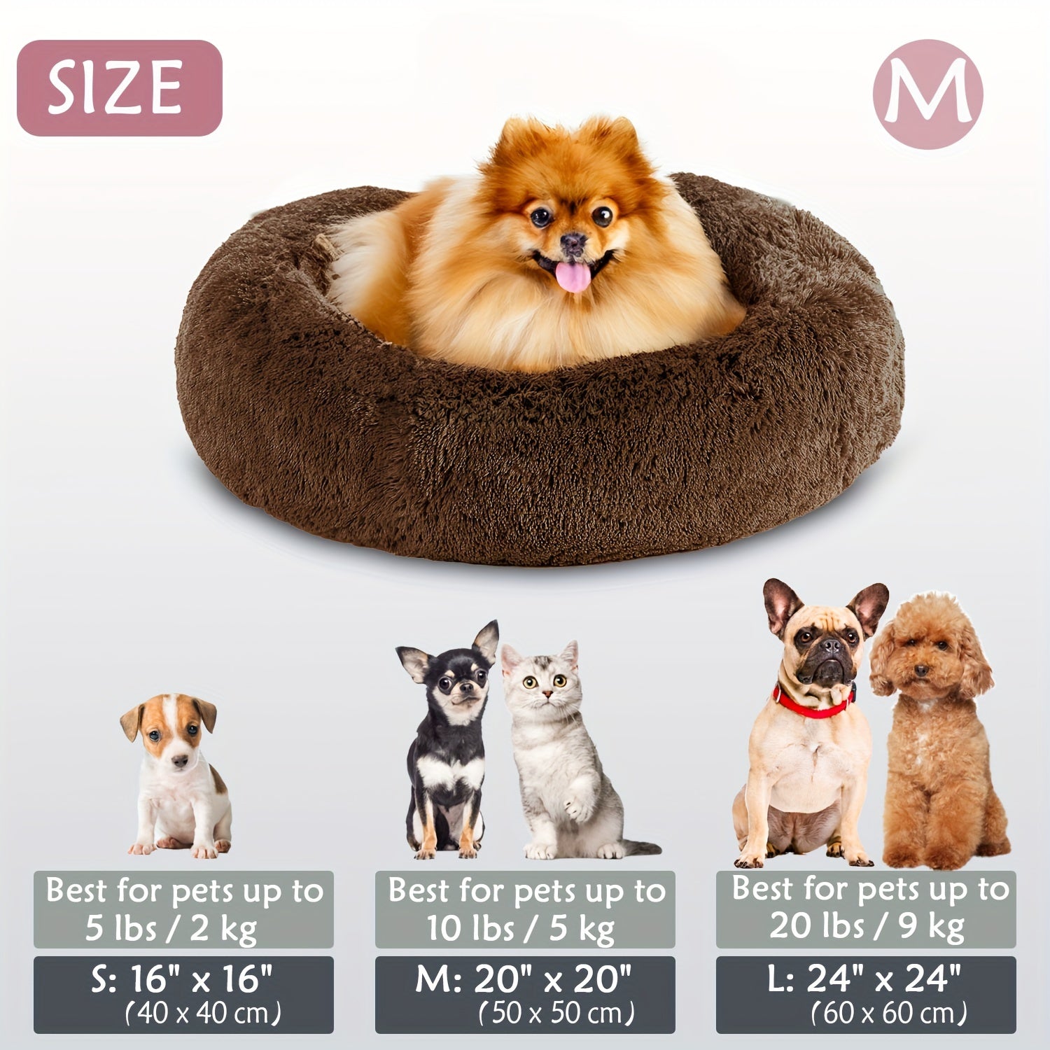 Calming Dog & Cat Bed, Donut Cuddler Warming Cozy Soft Round Bed, Fluffy Faux Fur Plush Cushion Bed For Small Medium And Large Dogs And Cats (40.64cm/50.8cm/60.96cm/71.12cm/78.74cm/99.06cm)