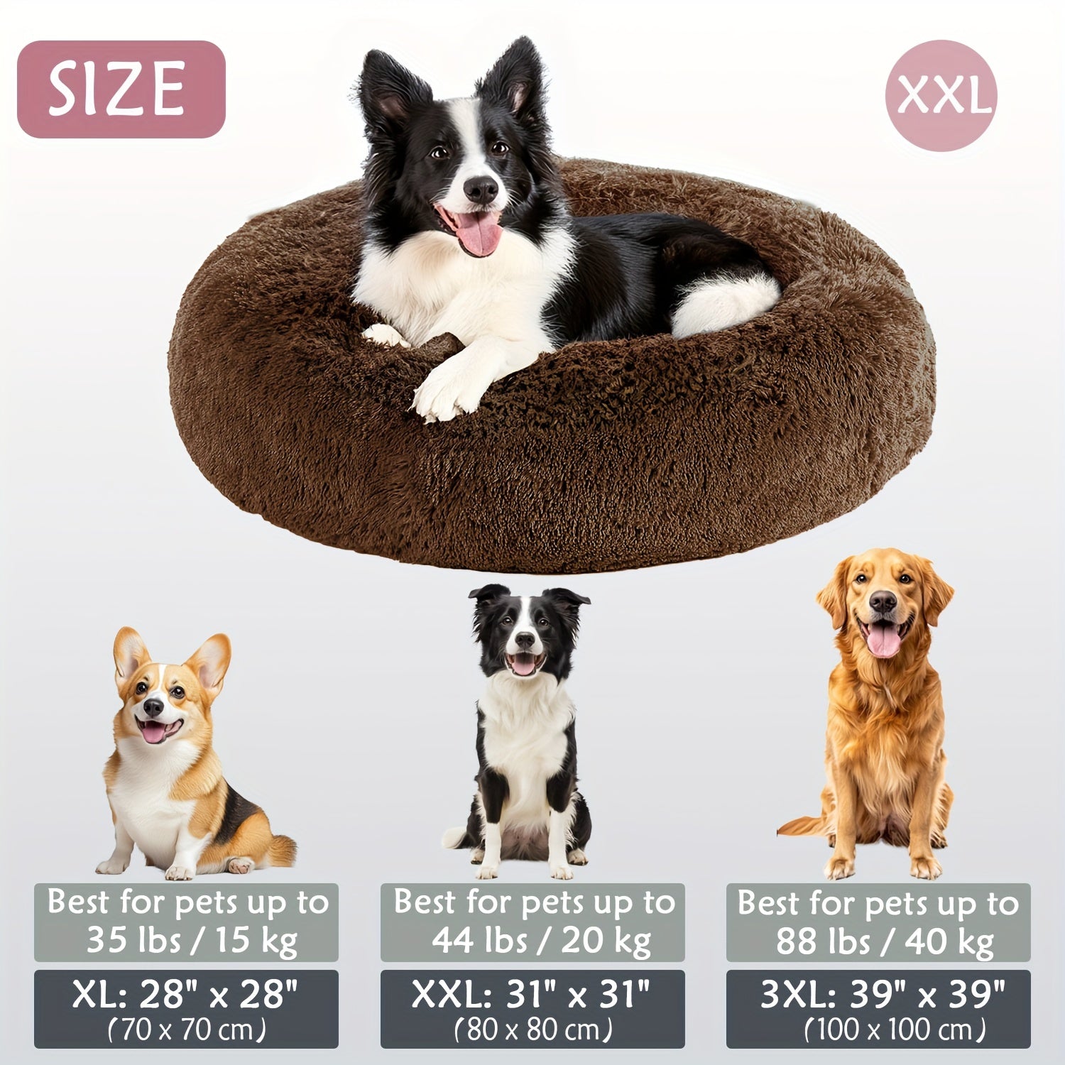 Calming Dog & Cat Bed, Donut Cuddler Warming Cozy Soft Round Bed, Fluffy Faux Fur Plush Cushion Bed For Small Medium And Large Dogs And Cats (40.64cm/50.8cm/60.96cm/71.12cm/78.74cm/99.06cm)