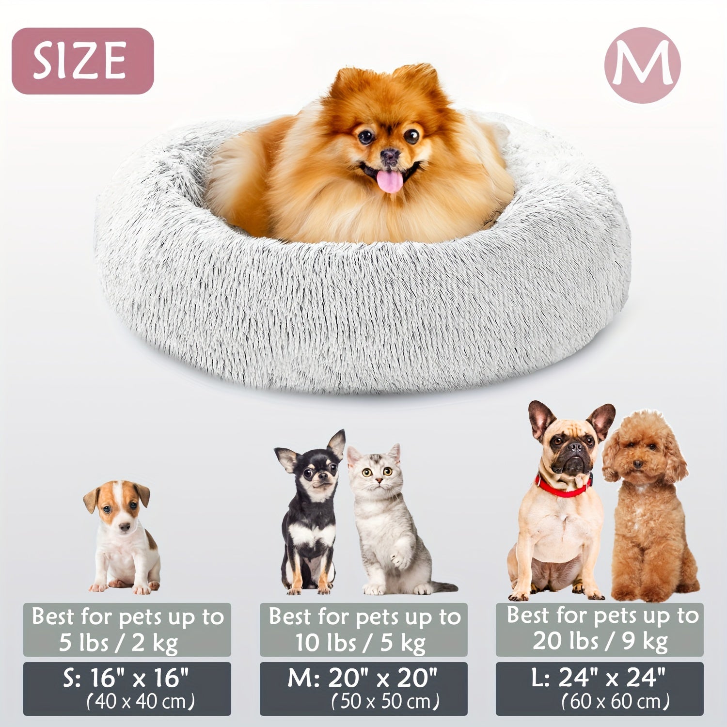 Calming Dog & Cat Bed, Donut Cuddler Warming Cozy Soft Round Bed, Fluffy Faux Fur Plush Cushion Bed For Small Medium And Large Dogs And Cats (40.64cm/50.8cm/60.96cm/71.12cm/78.74cm/99.06cm)