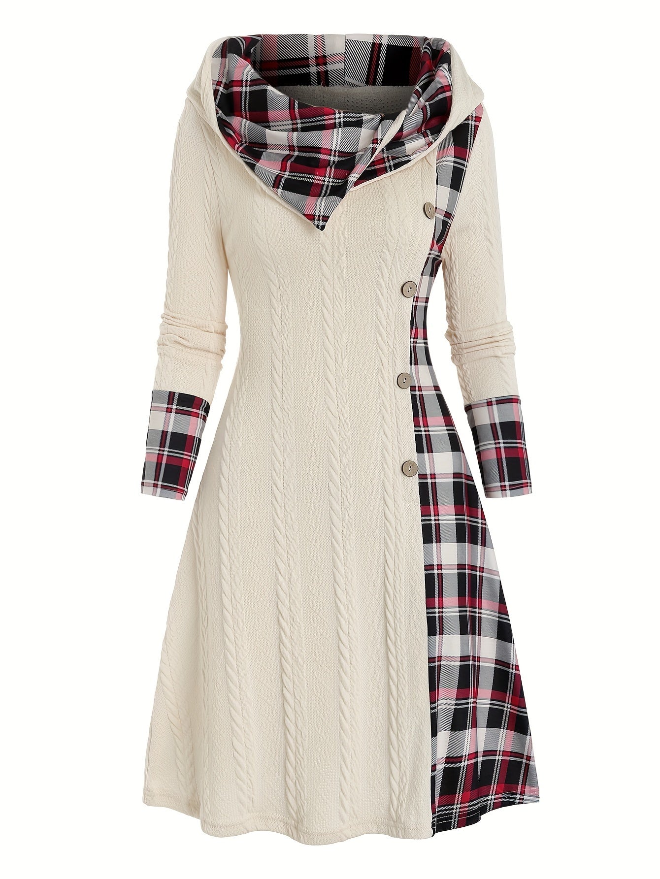 Plaid Print Splicing Hooded Dress, Casual Long Sleeve A Line Dress, Women's Clothing