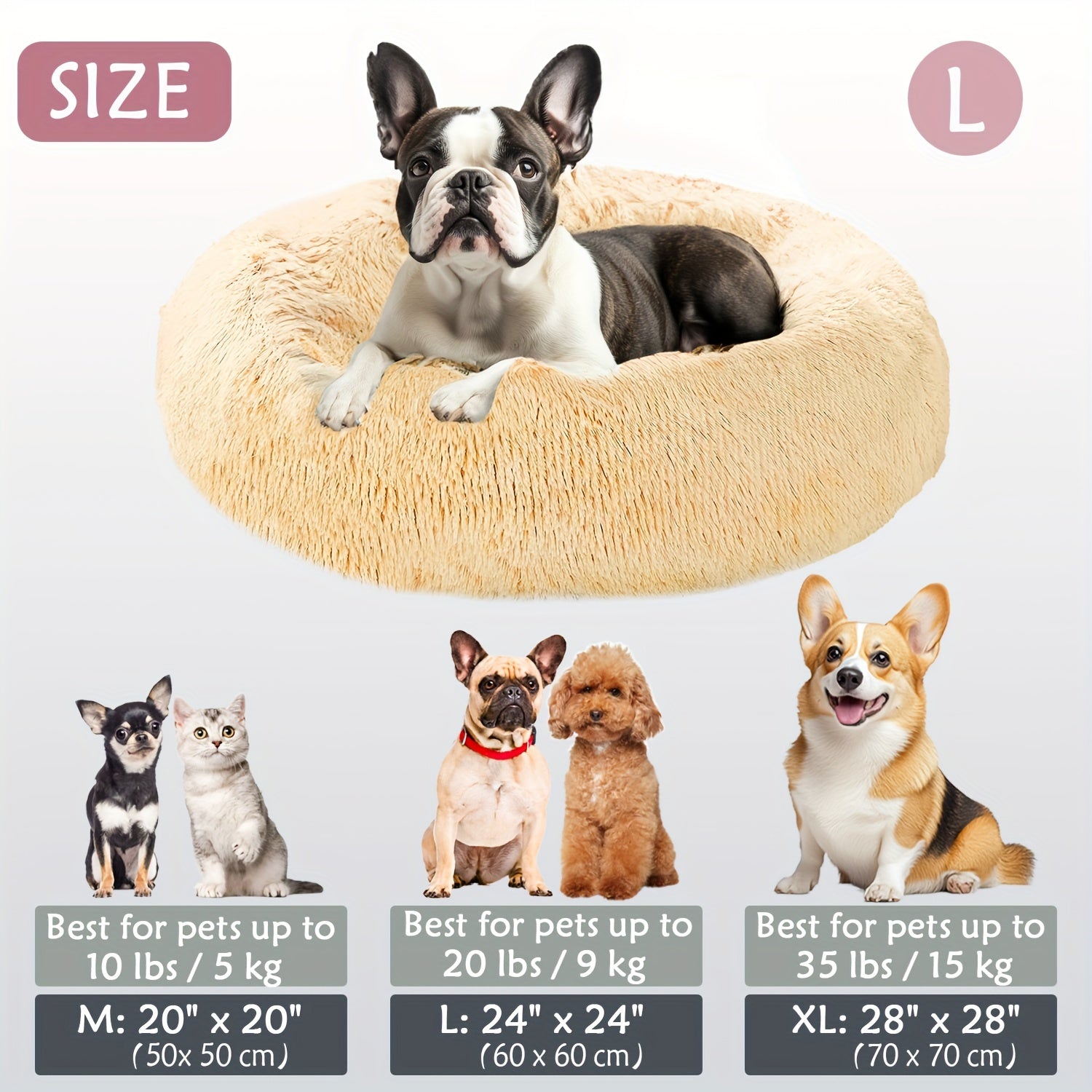 Calming Dog & Cat Bed, Donut Cuddler Warming Cozy Soft Round Bed, Fluffy Faux Fur Plush Cushion Bed For Small Medium And Large Dogs And Cats (40.64cm/50.8cm/60.96cm/71.12cm/78.74cm/99.06cm)