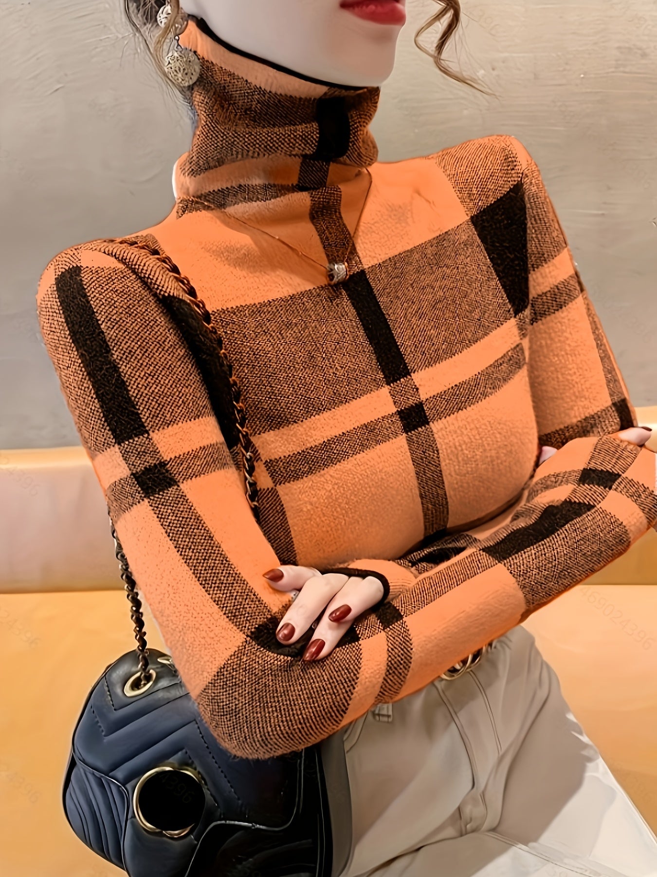 [Popular Choice] Elegant Blue and Black Plaid Turtleneck Sweater for Women - Soft Knit Pullover with Stretch, Machine Washable, Ideal for Fall/Winter, Plus Size Sweaters, Grid Pattern