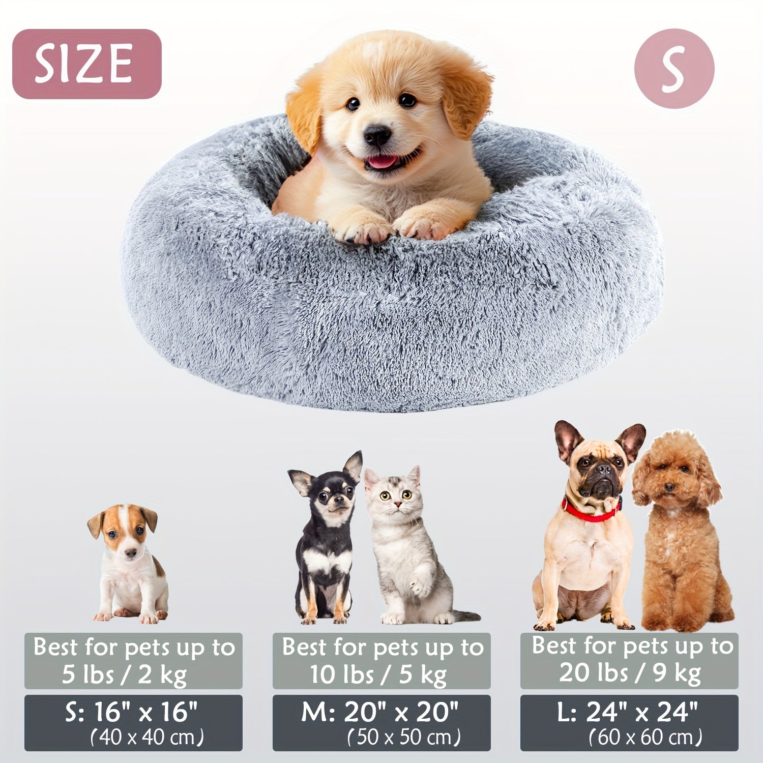 Calming Dog & Cat Bed, Donut Cuddler Warming Cozy Soft Round Bed, Fluffy Faux Fur Plush Cushion Bed For Small Medium And Large Dogs And Cats (40.64cm/50.8cm/60.96cm/71.12cm/78.74cm/99.06cm)