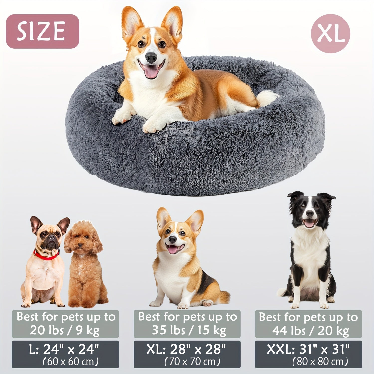 Calming Dog & Cat Bed, Donut Cuddler Warming Cozy Soft Round Bed, Fluffy Faux Fur Plush Cushion Bed For Small Medium And Large Dogs And Cats (40.64cm/50.8cm/60.96cm/71.12cm/78.74cm/99.06cm)