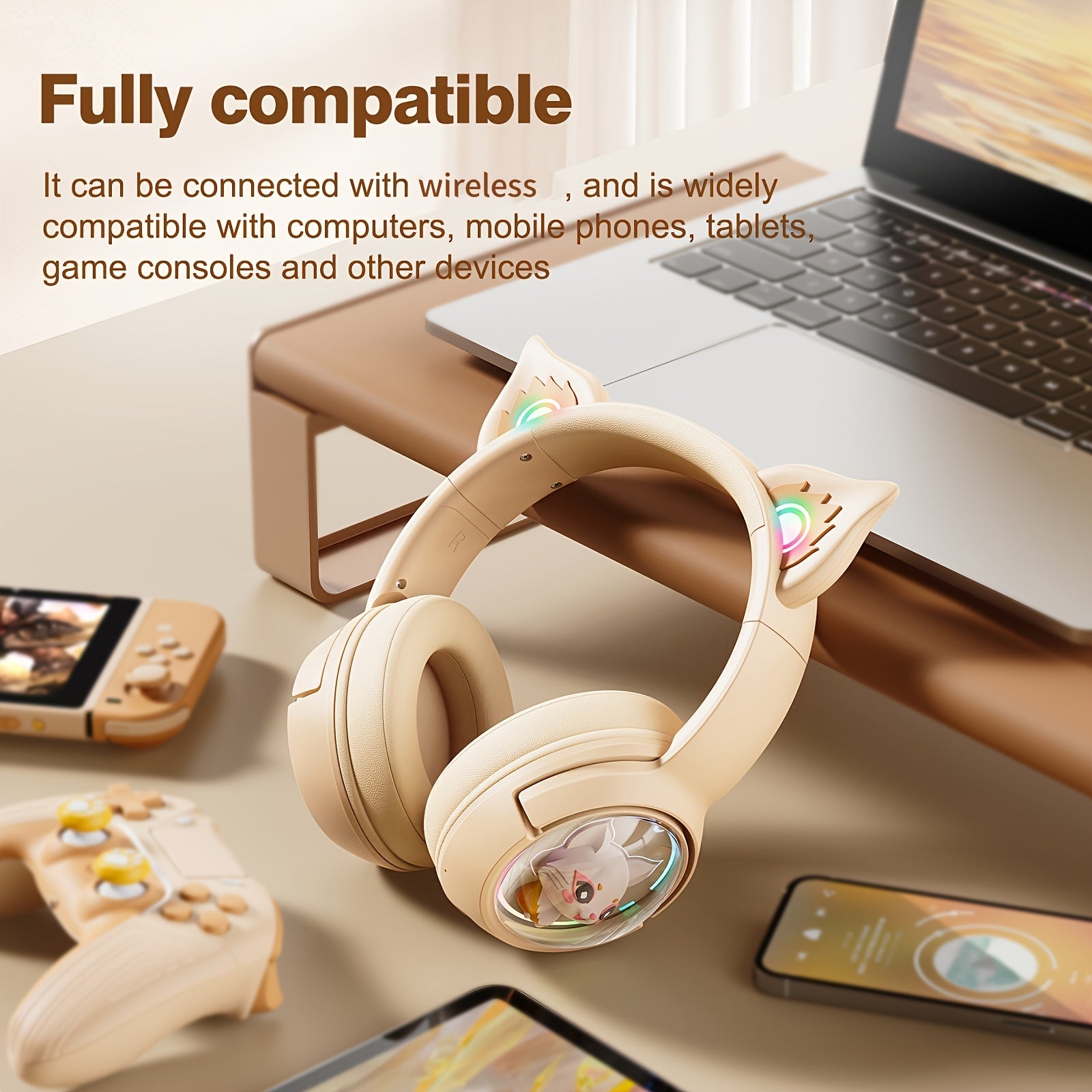 ONIKUMA Wireless Gaming Headset, Cute Cartoon Design, Low Latency, Built-in Mic, Dual Power USB/Battery, Plastic, for PC, PS, Laptops, Cell Phones - Office & Gaming Compatible, No Charger Included