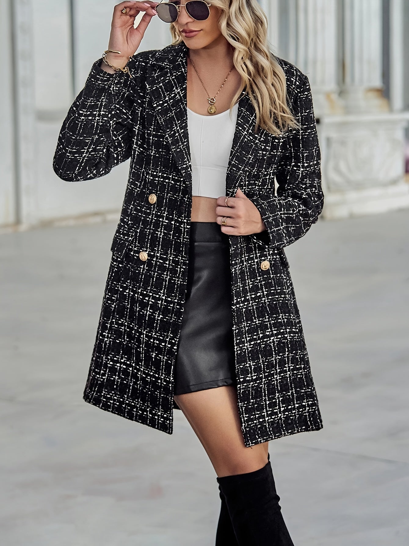 Elegant Long Polyester Plaid Blazer for Women - Double Breasted, Long Sleeve, Woven Pea Coat with Button Details, Fully Lined Fall/Winter Jacket